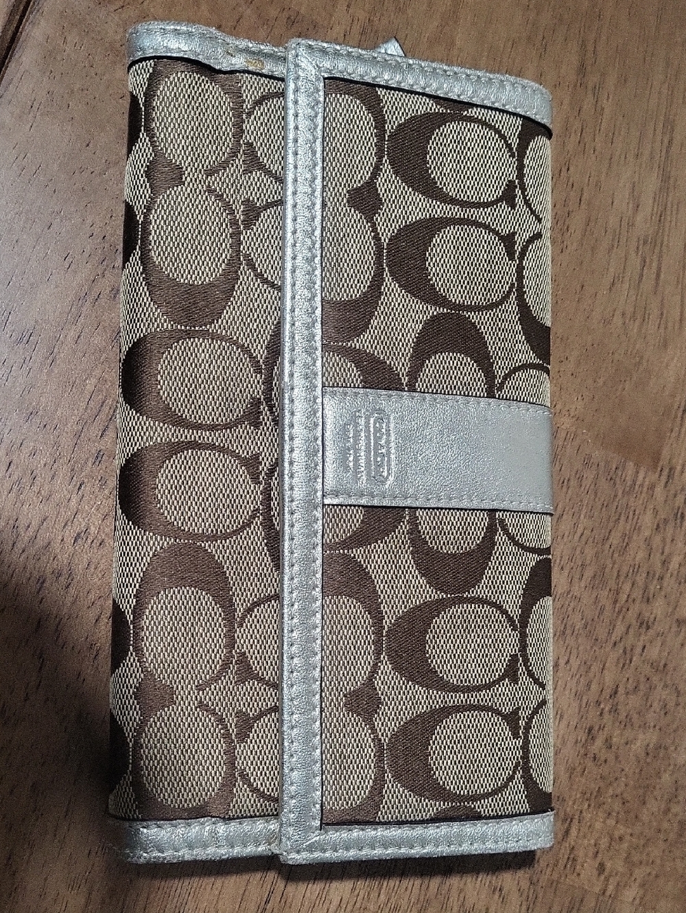 Coach Brown Signature Canvas Wallet with Silver Trim